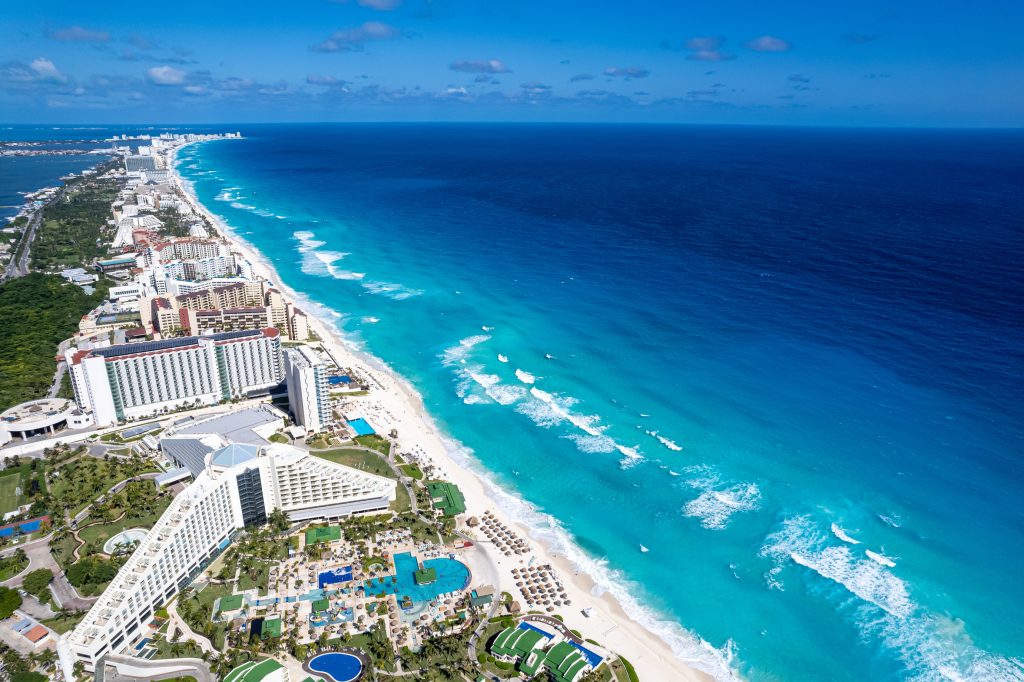 Aerial view of the Cancún Hotel Zone between the Caribbean Sea and the lagoon